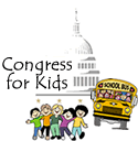 congress for kids icon with kids and the white house and a school bus